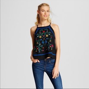 XHILARATION Black Blue Embroidered Tank Shirt